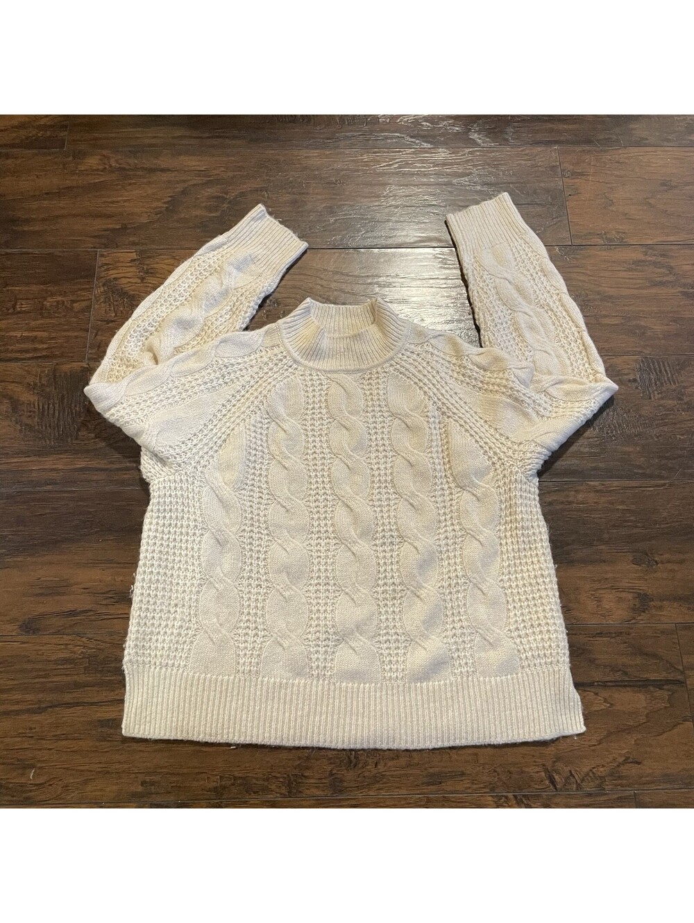 J Crew Womens Beige Acrylic Alpaca Mock Neck Cable Knit Slits Pullover Sweater M